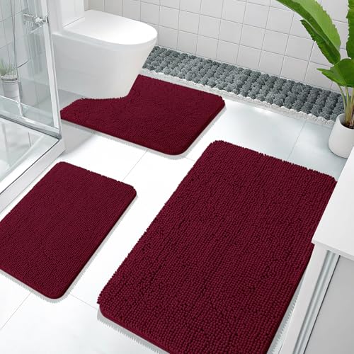 OLANLY Bathroom Rugs Sets 3 Piece, 36"x24"+24"x16"+24"x20", Burgundy