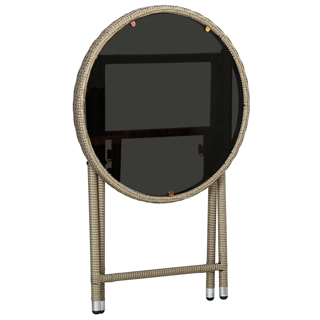 Mesa auxiliar beige de 60 cm de polirratán con cristal templado, resistente a la intemperie, plegable, ideal para terraza, balcón y uso al aire libre