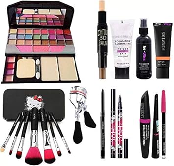 Rupali 7pcs Makeup Brush Set With Tya Makeup Kit,3d Contour Stick, Primer, Fixer, Pure matte Foundation, Kajal, Waterproof 36h Sketch Eyeliner 3in1 Combo Set and Eyelashes Curler (Pack of 10)