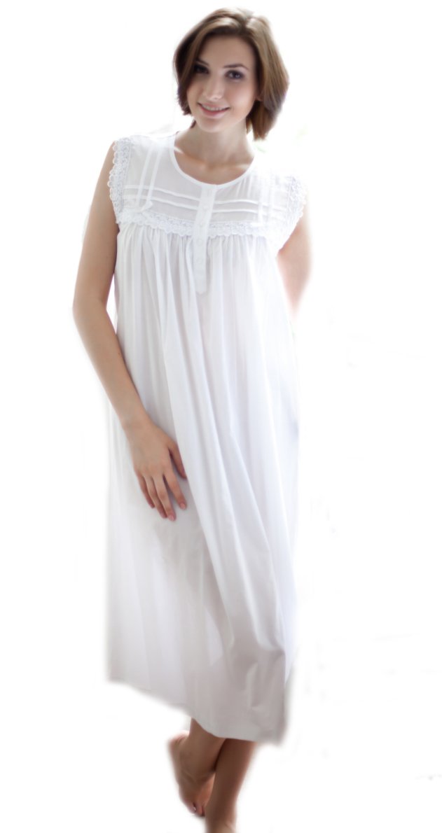 Cottonreal Victorian 100% Cotton Sleeveless Ladies Nightdress - XS to XXL - White Nightgown Caty