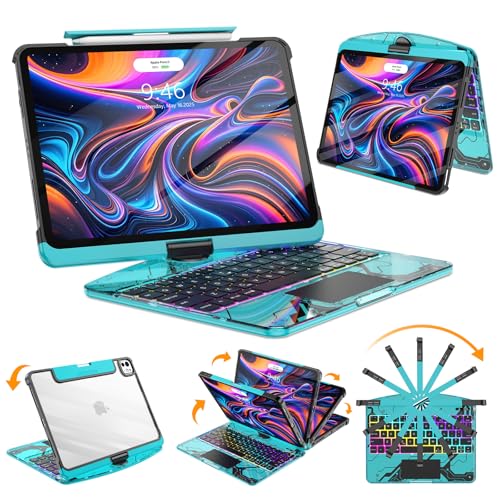 SIBEITU 360 Rotatable Wireless Keyboard Case for iPad Pro 13 Inch (M5 2025 / M4 2024), Multi-Touch Trackpad, 7-Color Backlight & 3-Brightness Levels, Clear Protective Cover with Pencil Holder, Blue