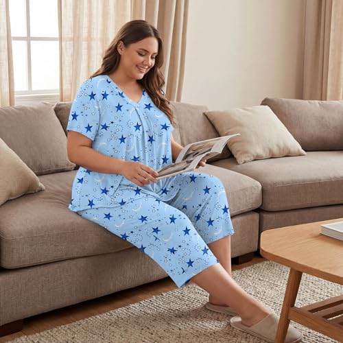 Image of Bestbee Women's Pajama Sets 2 Piece Lounge Outfits Summer Sleepwear V Neck Short Sleeve Capri Pant With Pockets Ladies Pjs