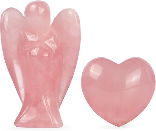 Artistone Juego de cristal de cuarzo rosa con bolsillo de ángel de la guarda y piedra de corazón curativo, figuras de ángel pequeñas rosa natural,
