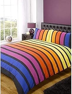 Soho Multi Stripe Duvet Cover Quilt Bedding Set, Blue Purple Orange Yellow Green, Single Size - Bedroom Bed Linen by Rapport