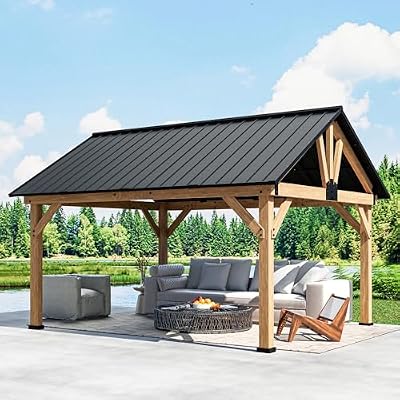 Joyside Cedar Wood Gazebo 13 x 11 ft. Wood Patio Gazebo Cedar Wood Framed Gazebo with Steel Frame Gable Roof Hardtop Gazebo for Patio, Garden, Lawns, Parties