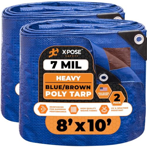 Image of Xpose Safety 8' x 10' (2-Pack) Heavy Blue /Brown Tarp Waterproof - 7 Mil Weatherproof Camping Tarp for Tent, Rain, Wind & Sun Plastic Tarpaulin Cover Outdoor for Roof, Trailer, RV, Car, Boat