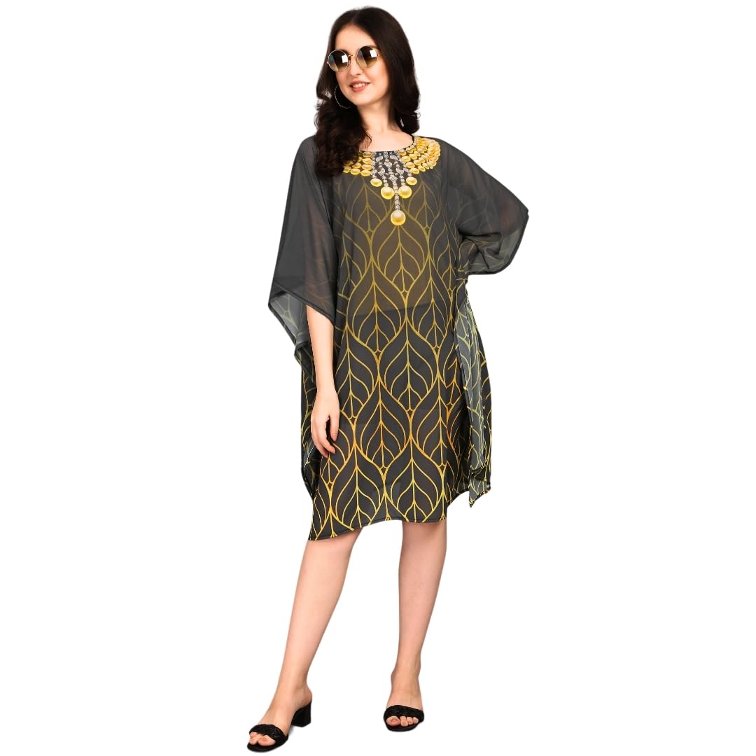 Ethnic Designer Printed Kaftan Dresses for Women – Georgette Beach wear Coverup/Bikini Cover-up, Stylish, Modest, Loose Fit, Free-Size Short Midi for Resort, Holiday & Beachwear Grey-image-36