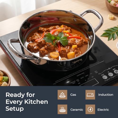 Image of Lifelong Stainless Steel Kadhai with Lid | 22 Cm, 2.2L | Induction Bottom, Riveted Handle, Durable Build, Even Heating, Scratch-Free, Dishwasher Safe | Ideal for Curries, Gravies & Deep Frying