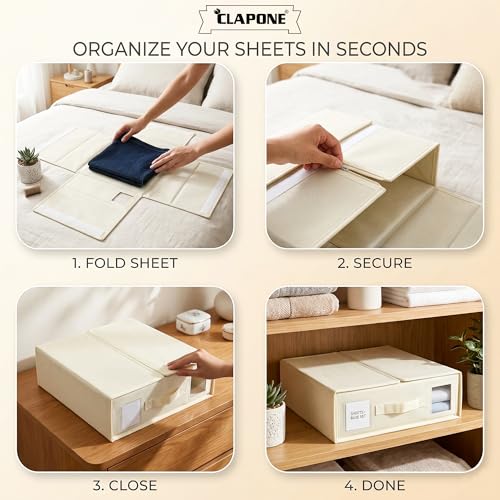Image of CLAPONE Bedsheet Organizer Storage Box, Foldable Clothes Storage Container, Non-Woven Closet Organizer for Bedding, Blankets, Comforters & Underbed Storage (Off-White, Pack Of 4 Bedsheet Cover)