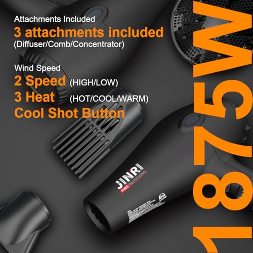 Blow Dryer - JINRI 1875W Diffuser Hair Dryer for Salon & Personal Use Powerful, Fast Drying with Diffuser and Comb & Nozzle for Women & Men, ALCI Safety Plug, Black - image 5