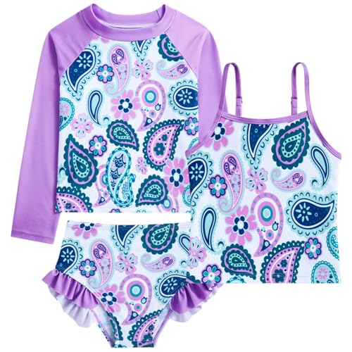 Image of Funnycokid Girls Swimsuit 3 Pieces Long Sleeve Rash Guard Set Tankini Bathing Suits Summer Kids Swimwear 3-10 Years