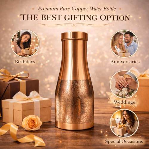 Image of JAIPUR ACE Premium Pure Copper Water Bottle Designer Engraved Leak Proof Ayurvedic Drinking Bottle for Health Benefits Stylish Kitchen Office Use Ideal Gift for Weddings and Occasions(Royal Etching)