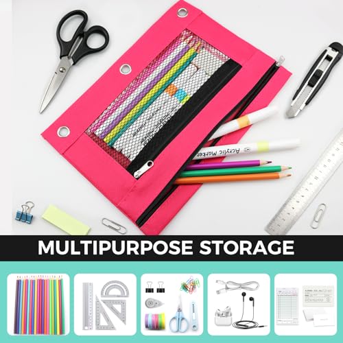 Image of 3 Ring Pencil Pouch for Binder, 2-Pocket Zipper Pencil Case with Clear Window & Mesh Pocket, 600D Oxford Fabric Binder Pouch for School Office Supplies, Fits Standard 3-Ring Binders, Rose Red