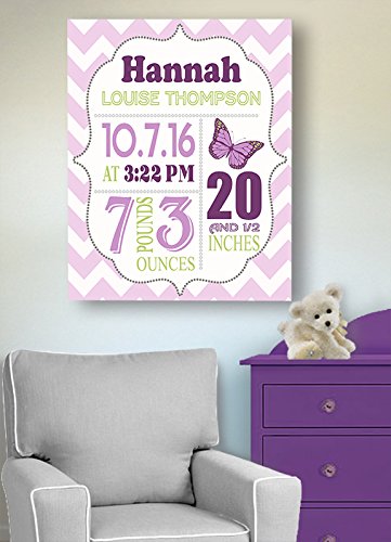 Personalized Stretched Canvas Birth Announcement Gift, Custom Baby Name, Date, Weight Stats, Newborn Butterfly Nursery Wall Art Decor, Wooden Frame Construction, Ready to Hang 20X24