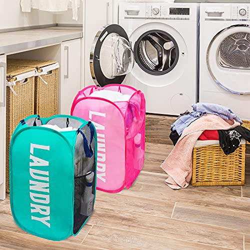 Popup Laundry Hamper, 2 Pack Mesh Hampers For Laundry Collapsible Laundry Basket With Side Pocket Durable Carry Handles Great Laundry Hambers For Kids Room, College Dorm Or Travel (Pink + Blue) #TOP1
