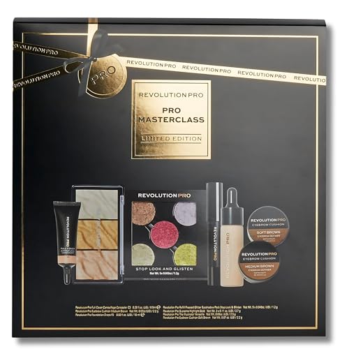 Makeup Revolution Pro Masterclass Set - The Ultimate PRO Glam Kit for Party-Ready Looks with Full Coverage Concealer Glitter Eyeshadows Eyebrow Cushion Foundation Drops Highlighter