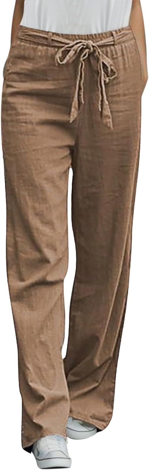 Pantaloni a palazzo da donna in lino, a gamba larga, a vita alta, estivi, casual, bohémien, da viaggio, vacanze, pantaloni da donna, casual, da lavoro, gamba larga, bianco, S