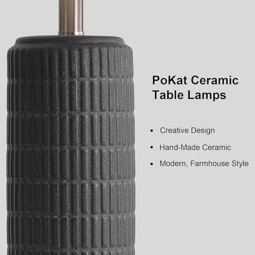 Image of PoKat 23 inch Matte-Textured Ceramic Table Lamps Set of 2 for Bedroom, Stone-Like Modern Bedside Lamps for Night Stands, Farmhouse Nightstand Table Lamps Decor for Living Room End Table Black
