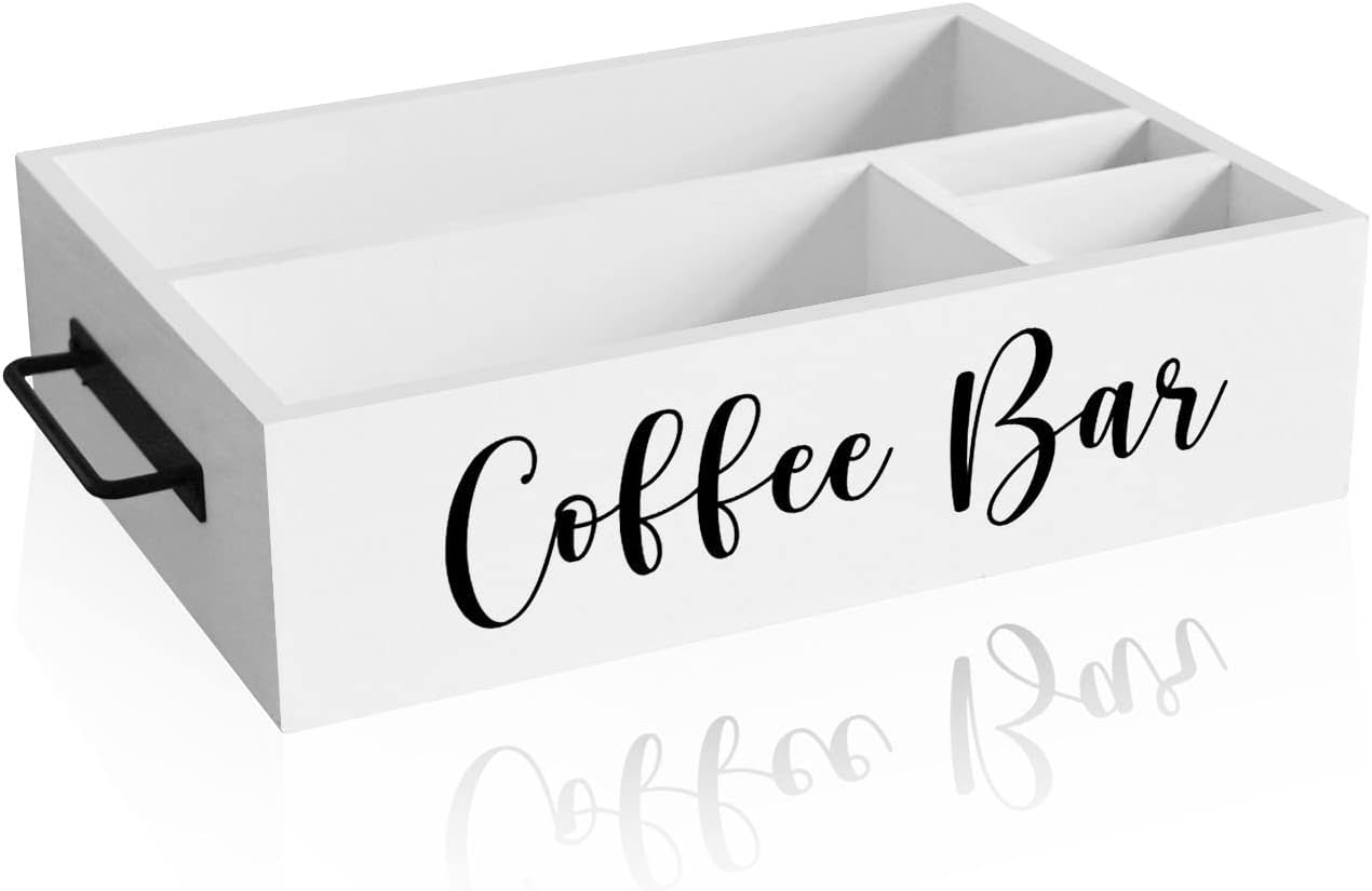 White Wooden Coffee Station Organizer with 4 Compartments