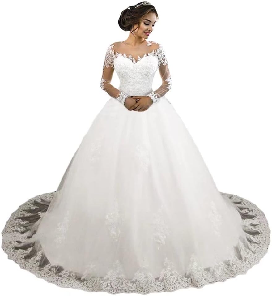 Women's Ball Gown Wedding Dresses with Long Sleeves Appliques Lace Bridal Gowns with Train