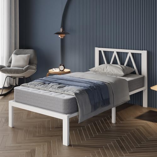 Avenco 14 Inch Twin Bed Frame with Headboard, White Metal