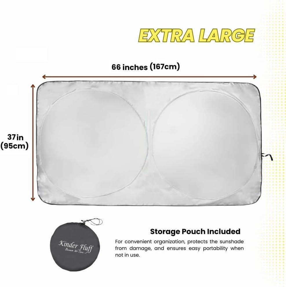 Windshield Sun Shade - Certified 99.87% UVB & 99.02% UVA Protection Car Sun Shade. Award Winning Sunshade for Car Windshield with Patented Technology. Size XL 62"x31" Car Window Shades by Kinder Fluff