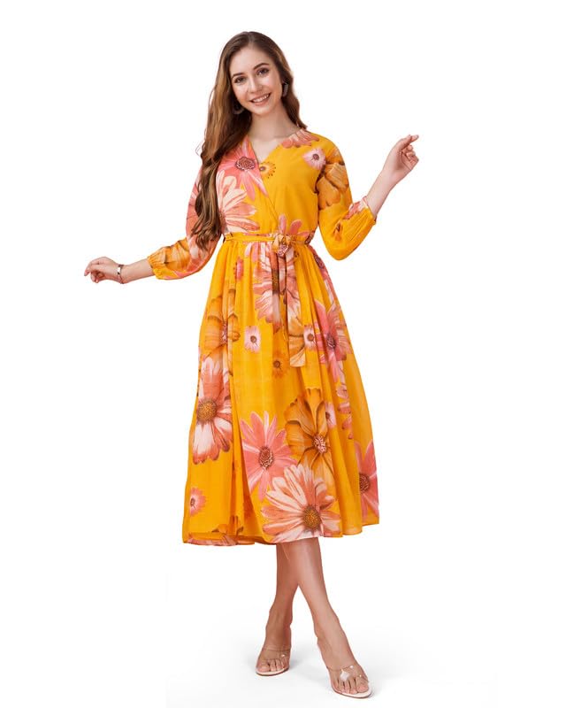 Image of MOJILAA Women's Georgette Floral Printed Gathered Dress