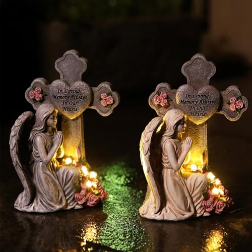 Lot de 2 figurines d'ange de jardin avec lanterne funéraire solaire, éclairage LED solaire, décoration de jardin, lanterne funéraire pour l'extérieur, résistant aux intempéries, lanterne funéraire
