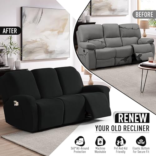 Image of TAOCOCO Recliner Sofa Covers 8-Pieces Stretch Large Couch Covers for 3 Seats Reclining Slipcovers Soft Jacquard Pattern Furniture Protector (Black)