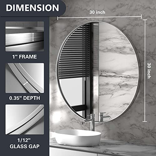 Brushed Nickle Wall Mirror Stainless Steel Silver Frame Round Mirror 30 Inch Bathroom Mirror Modern Contemporary Circle Mirror Wall Mounted Mirror Decorative For Bathroom, Living Rooms, Entryway #TOP1