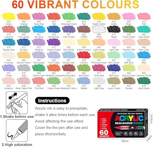 Image of Acrylic Paint Markers Brush Tip, 60 Vivid Colors with Direct-Liquid Ink System, Professional-Grade Paint Pen for Rock Painting, Canvas, Glass, Plastic, Fabric & Creative Crafts