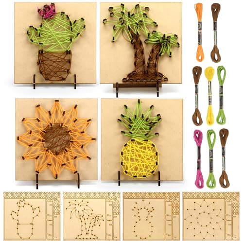 Janlaugh Set of 4 Summer String Art Kit Palm Trees Cactus Sunflowers Pineapple String Art Craft Wood Box Sign Make Your Own Board with Stand Pins and Yarn DIY Activity