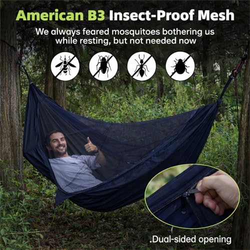 Image of Camping Hammock with Mosquito Net, 2 Person Hammock Bug Net, Portable, Parachute Nylon for Outdoor, Camping, Hiking, Backpacking, Backyard, Beach, Travel (Hold Up to 500lbs) (Midnight Blue)