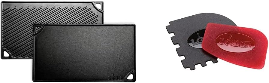 LDP3 Cast Iron Reversible Grill/Griddle (9.5" x 16.75") and Lodge Pan & Grill Scraper Set (2 Pieces)