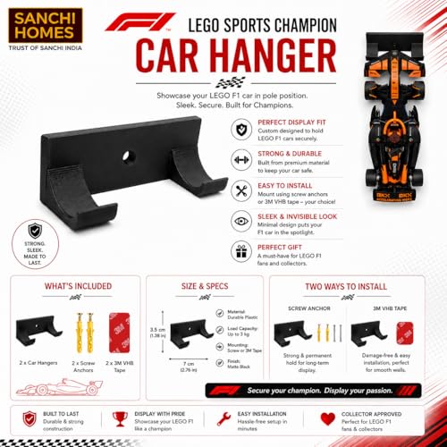 Image of 2 Pack F1 Car Wall Mount Compatible with Speed Champions Building Brick Cars | Racing Car Display with 3M VHB Easy Stick Tape & Screws | No-Drill Hanger for Collectible Toy Cars | Durable Bioplastic
