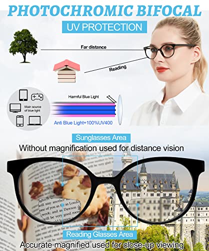 Image of OCCI CHIARI Photochromic Bifocal Reading Glasses Womens Round Blue Light Blocking Readers 1.0 1.5 2.0 2.5 3.0 3.5 4.0 (Black +150)