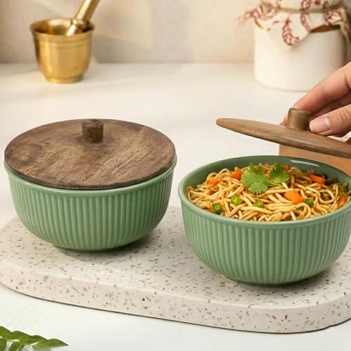 Image of The Earth Store Ceramic Bowl Set of 2 with Lid (550ML Each) Green Fringe Design | Microwave Safe Bowl Set | Multipurpose Snack Bowl for Serving, Storage, Office & Home