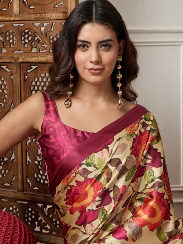 Image of AKHILAM Women's Multicolor Satin Silk Floral Printed Saree With Unstitched Blouse (SATIN1403 RJ11 Parent)