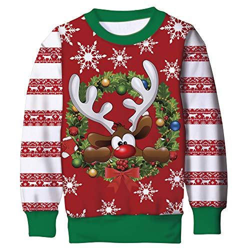 UNICOMIDEA Kids Ugly Christmas Sweater ReindeerPrint Big Boys Xmas Pullover Girls Christmas Sweatshirt 13-16 Years Funny Red Youth Teenage Santa Clothes Size 14