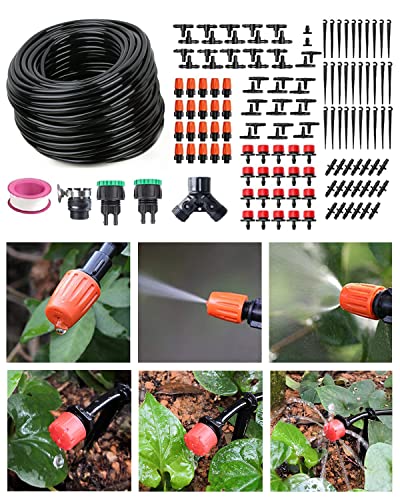 Yulaiyoen Drip Irrigation Kit, Garden Micro Irrigation System With 98Ft 1/4" Blank Distribution Tubing Adjustable Nozzle Emitters Sprinkler Barbed Fittings Saving Water Automatic Irrigation System For Greenhouse,Patio, Lawn #TOP5