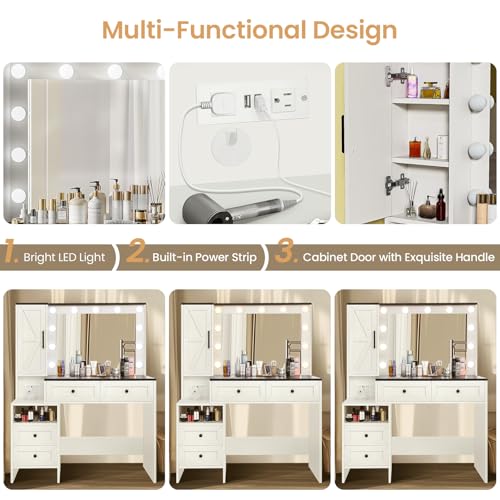 Vanity with Lighted Mirror - Farmhouse Makeup Vanity Desk with 4 Drawers, 1 Cabinet and Power Outlet, 3 Color Lighting Modes Adjustable Brightness