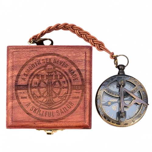 Antique Brass Sundial Compass with Leather Strap Engraved Wooden Box Vintage Navigation Tool for Hiking Camping Boating Nautical Decor Educational Use