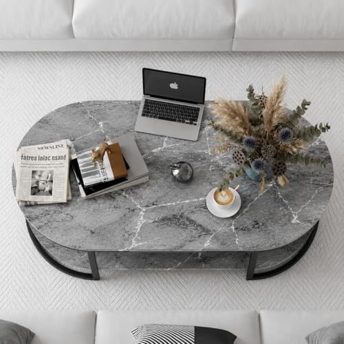 Image of NEST NATURE HAVEN Coffee Table for Office, Dining, Tea Room, Center Table for Living Room, Contemporary Simple Cocktail Table with Gray Desktop and Black Metal Frame
