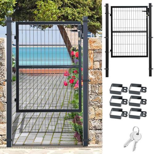 Fiqops Gartentor Anthrazit, 120x100cm Gartentür aus verzinktem Stahl, Zauntür Hoftür inkl.Schloss Türklinke und 3 Schlüsseln, Zauntor Zaun Robust und...