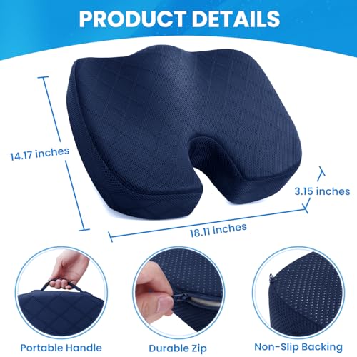 Image of TushGuard Seat Cushion - Memory Foam Cushion for Office Chair, Car Seat, Airplane, Bleacher - Sciatica & Coccyx Pain Relief Desk Chair Cushion for Long Sitting Office Workers, Car Drivers(Blue)