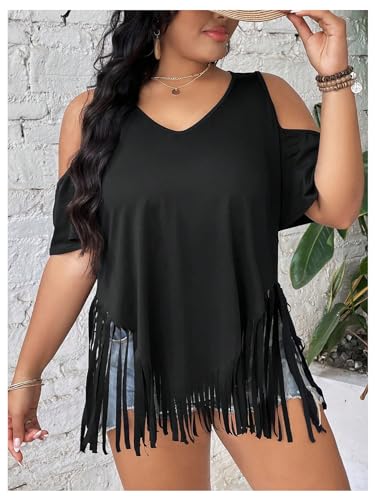 Women's Plus Size Fringe Hem V Neck Tops Short Sleeve Cold Shoulder T Shirts Top3