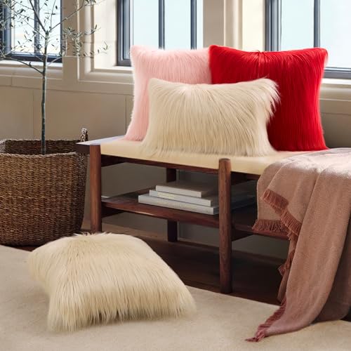 Image of Phantoscope Faux Fur Pillow Cover Decorative Fluffy Throw Pillow Mongolian Luxury Fuzzy Pillow Case Cushion Cover for Bedroom and Couch, Light Beige 18 x 18 Inches
