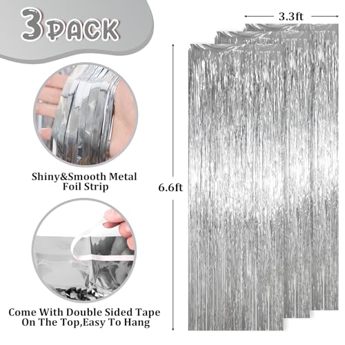 Voircoloria 3 Pack 3.3 x 6.6 ft Silver Foil Fringe Backdrop Curtains, Tinsel Streamers Party Decorations, Fringe Backdrop for Birthday, Baby Shower, Gender Reveal, Graduation