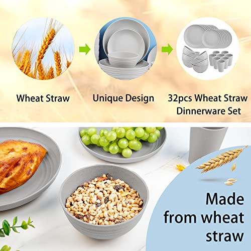 Supernal 32Pcs Wheat Straw Dinnerware Sets,Dinnerware Sets For 8,Plates And Bowls Sets,Reusable Tableware,Grey Dish Set 16Pcs Plates, 8Pcs Bowls, 8Pcs Cups,Microwave Dishwasher Safe. #TOP3