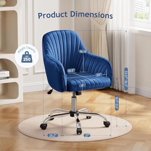 Image of AZAKEE Velvet Office Chair with Wheels & Armrests - Mid-Back Swivel Desk Chair for Home Office, Study, Bedroom & Vanity - Adjustable Height, Comfortable & Stylish (Blue)